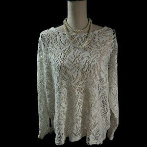 Vintage Paris Sport Club Womens Sweater Large‎ White Open Knit Beachy Y2K Retro